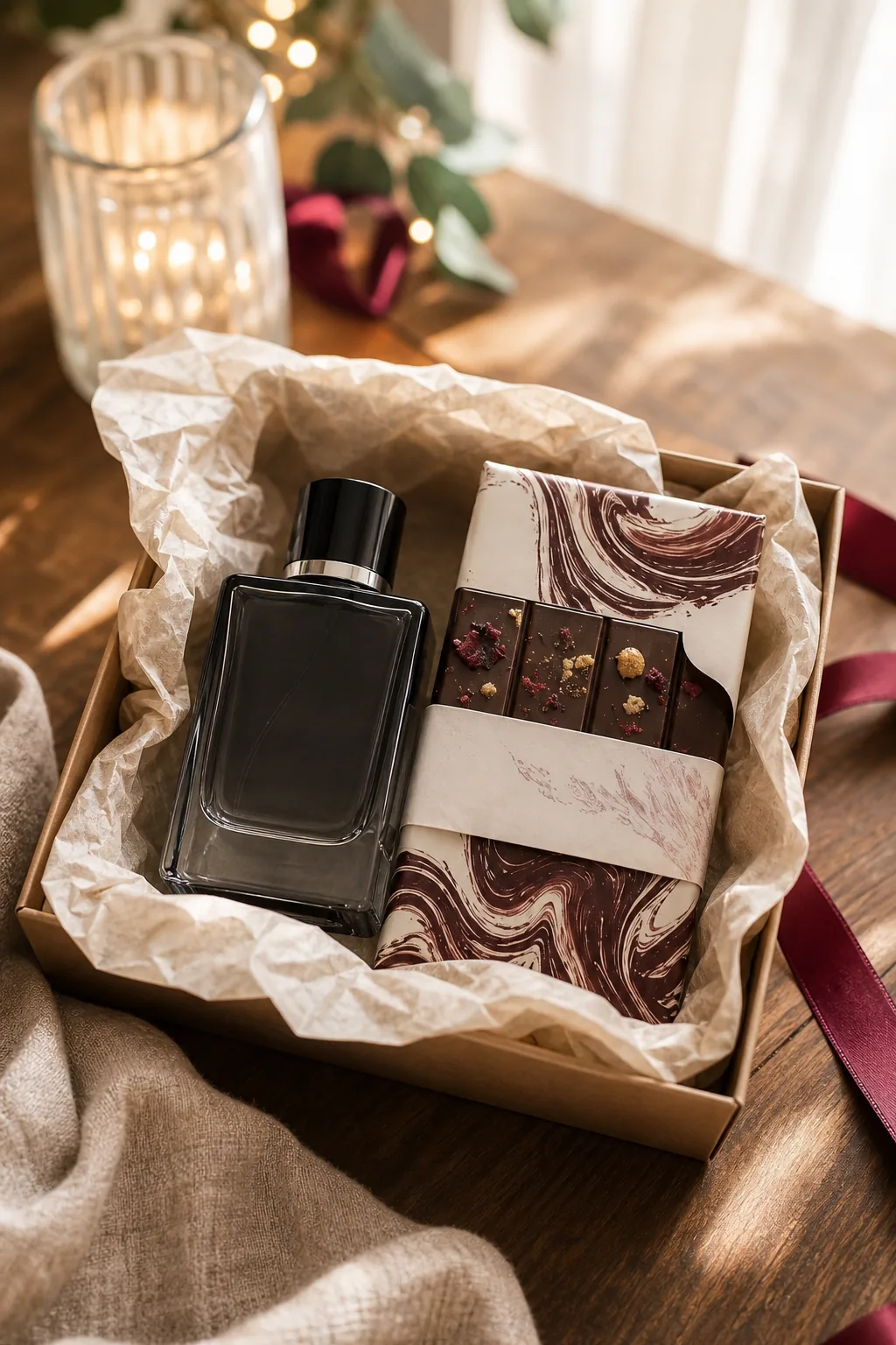 A marbled paper-wrapped chocolate bar placed next to a glass cologne bottle in a gift box.