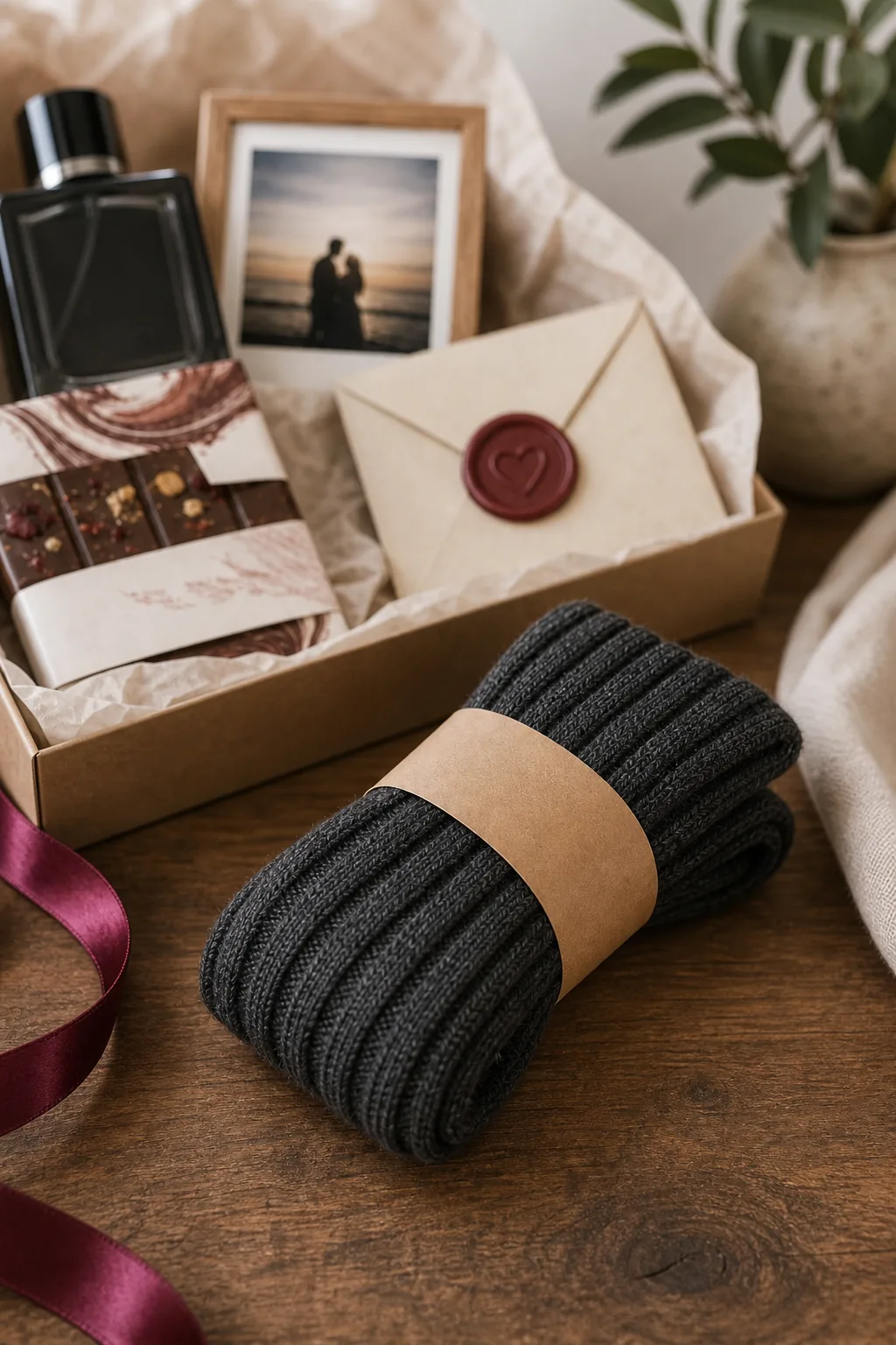 Dark ribbed wool socks rolled and secured with a kraft paper band.