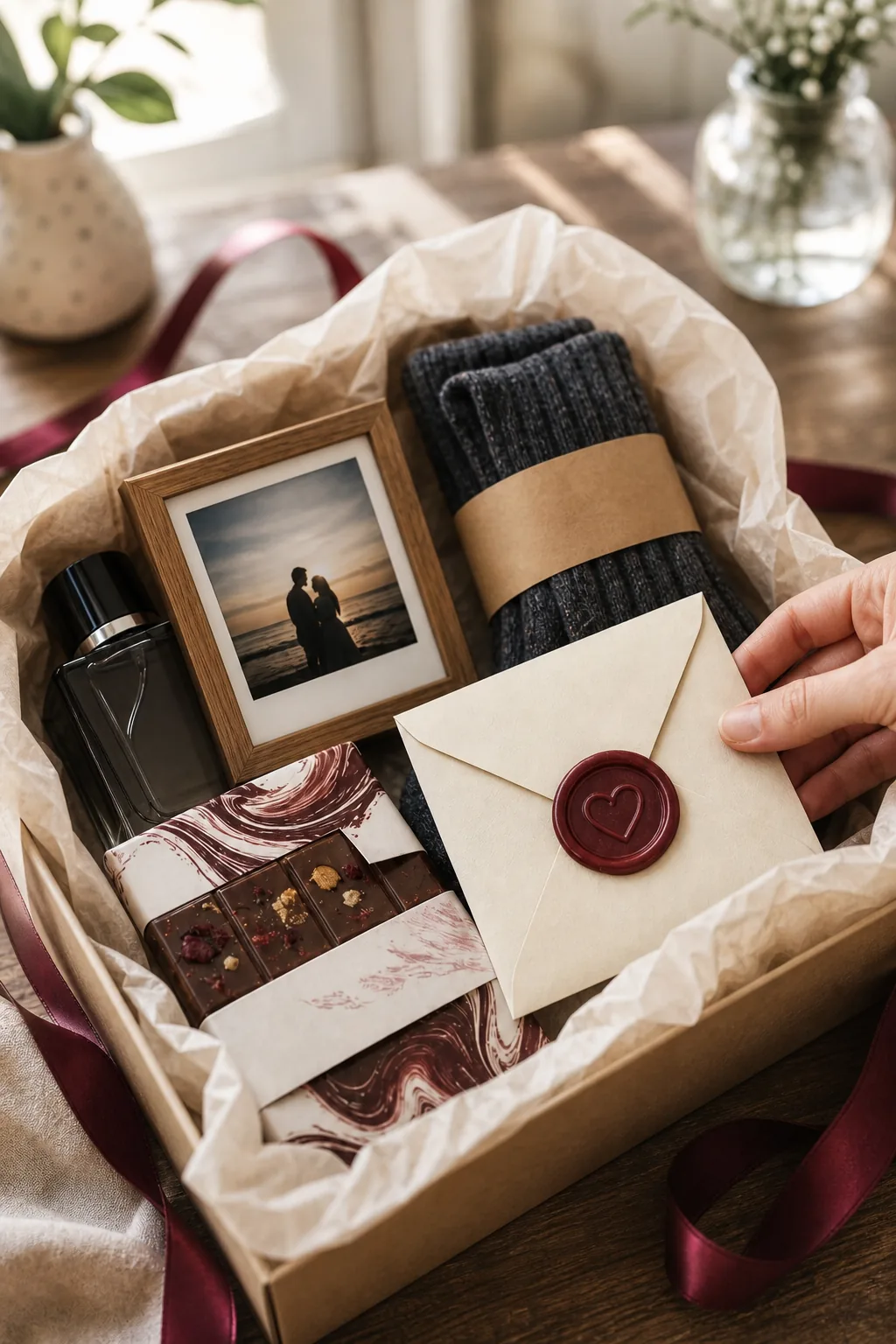 A small oak-framed polaroid photo tucked among socks and chocolate in a gift box.