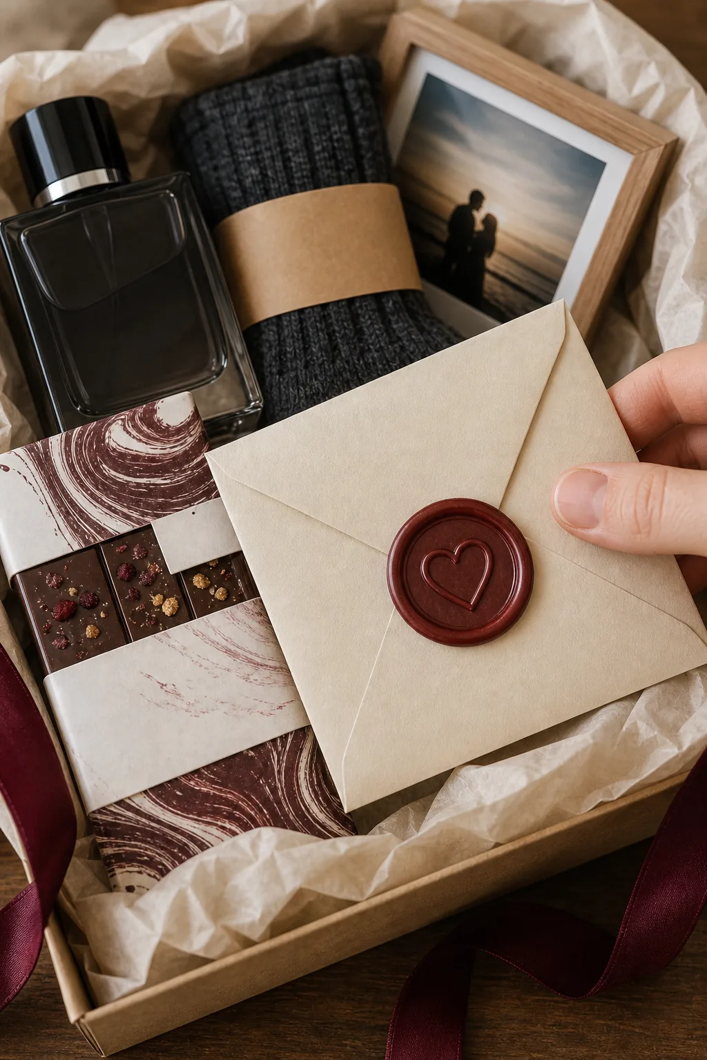 A cream envelope with a red wax heart seal resting on top of a gift arrangement.