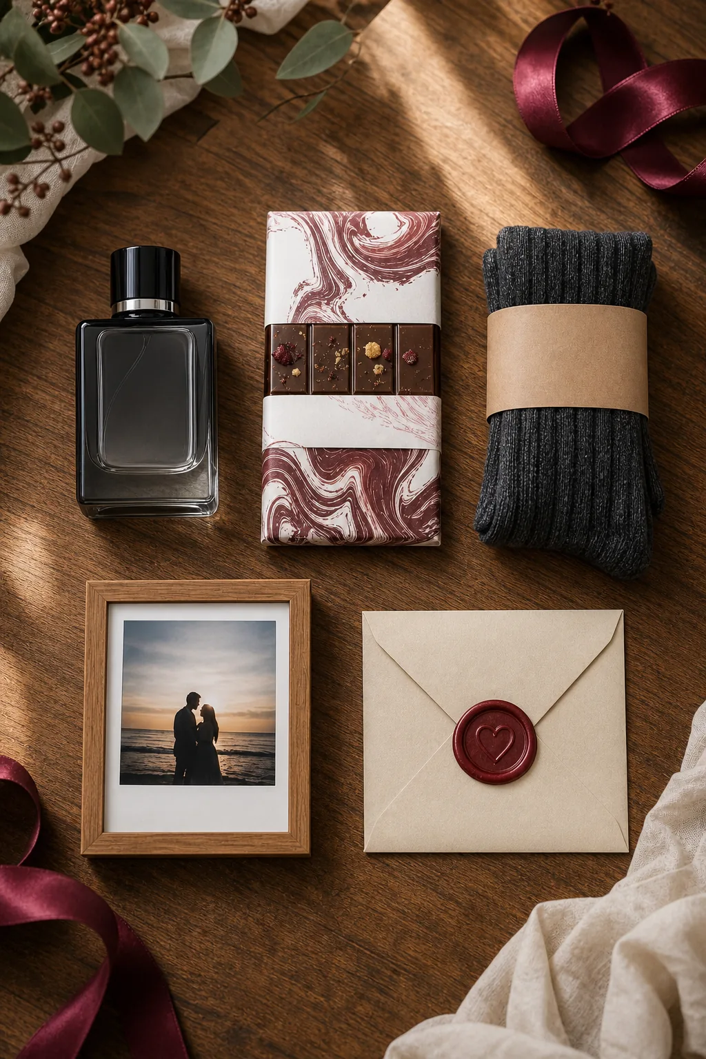 A flat lay of cologne, chocolate, socks, a framed photo, and a sealed envelope on a wooden table.