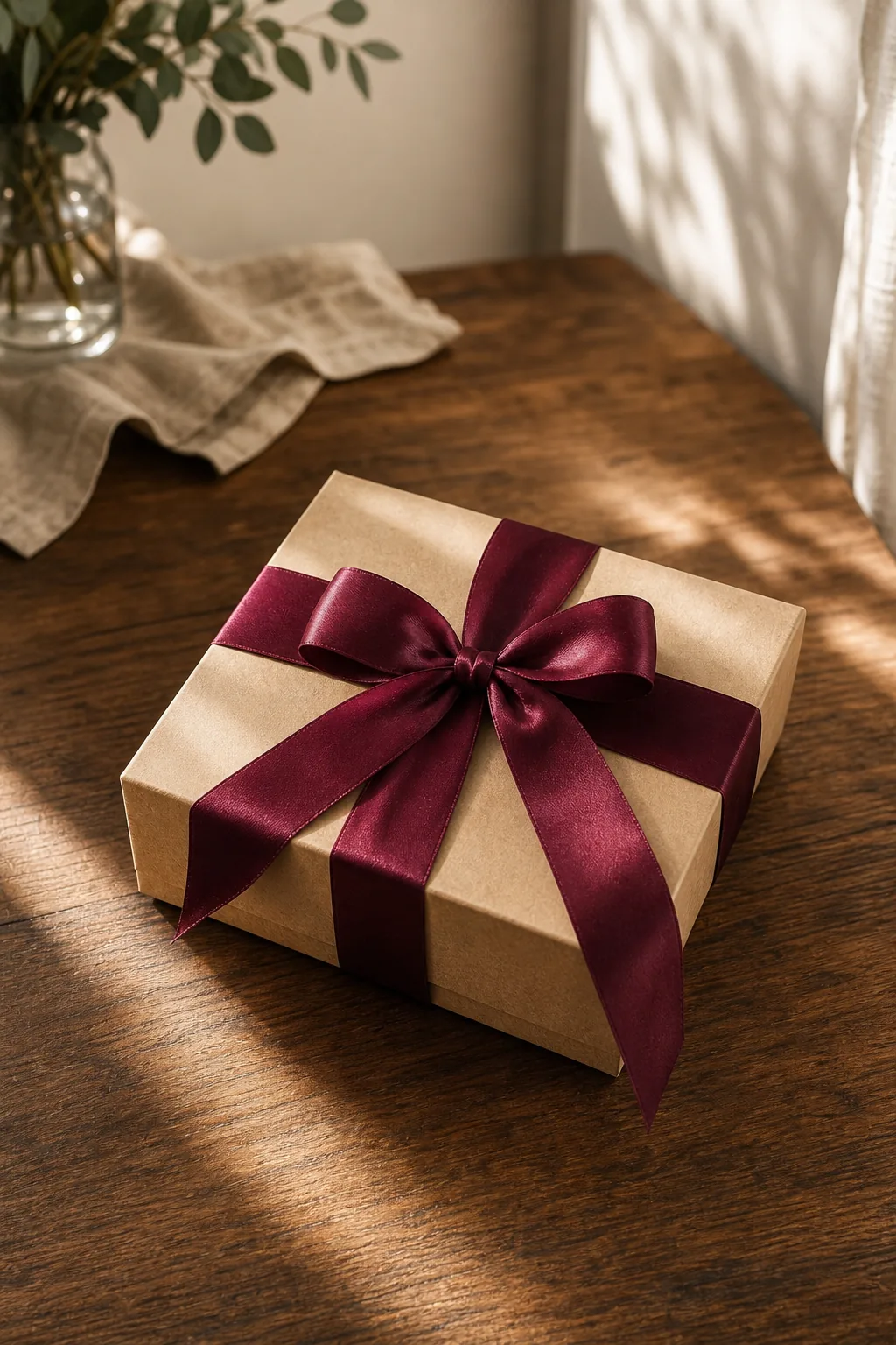 A closed kraft paper box tied with a wide burgundy satin ribbon.