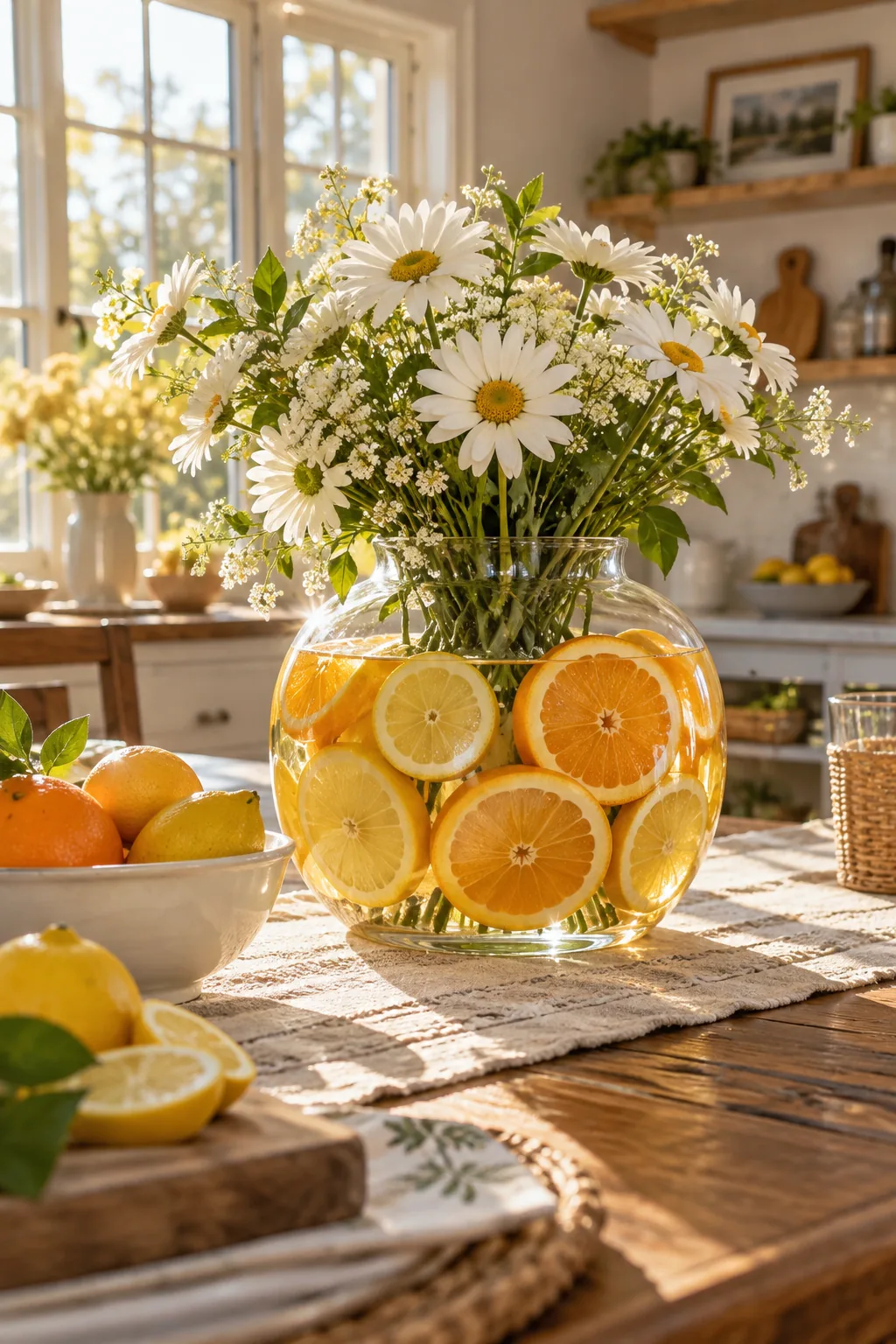 sliced lemons lining the inside of a glass vase