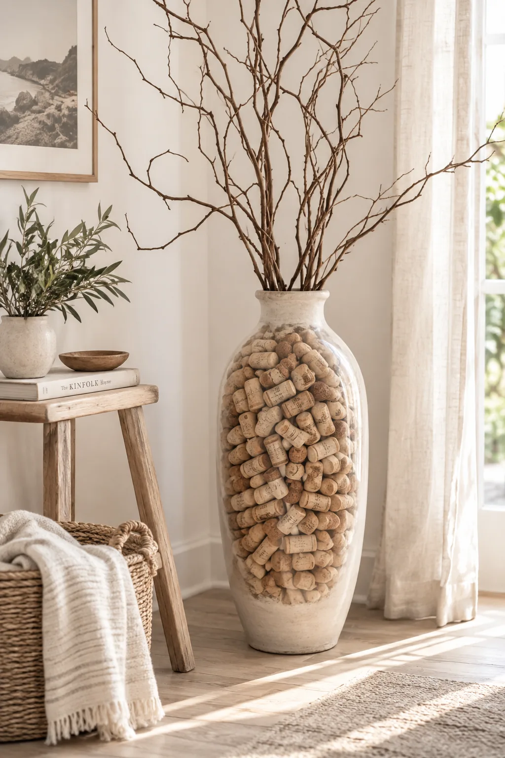 tall floor vase filled with recycled wine corks holding dry branches