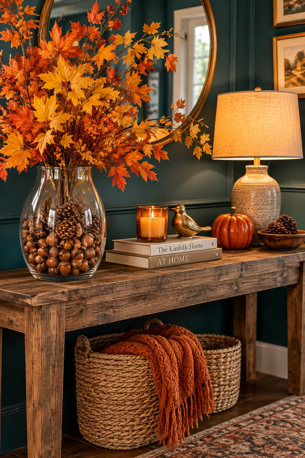 glass vase filled with small pinecones and acorns