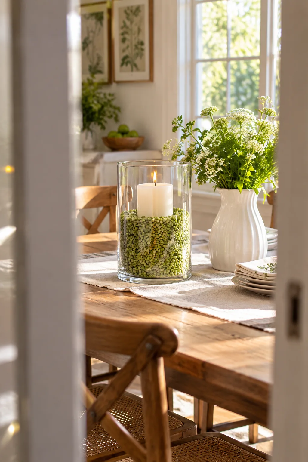 bright green dried split peas surrounding a white pillar candle