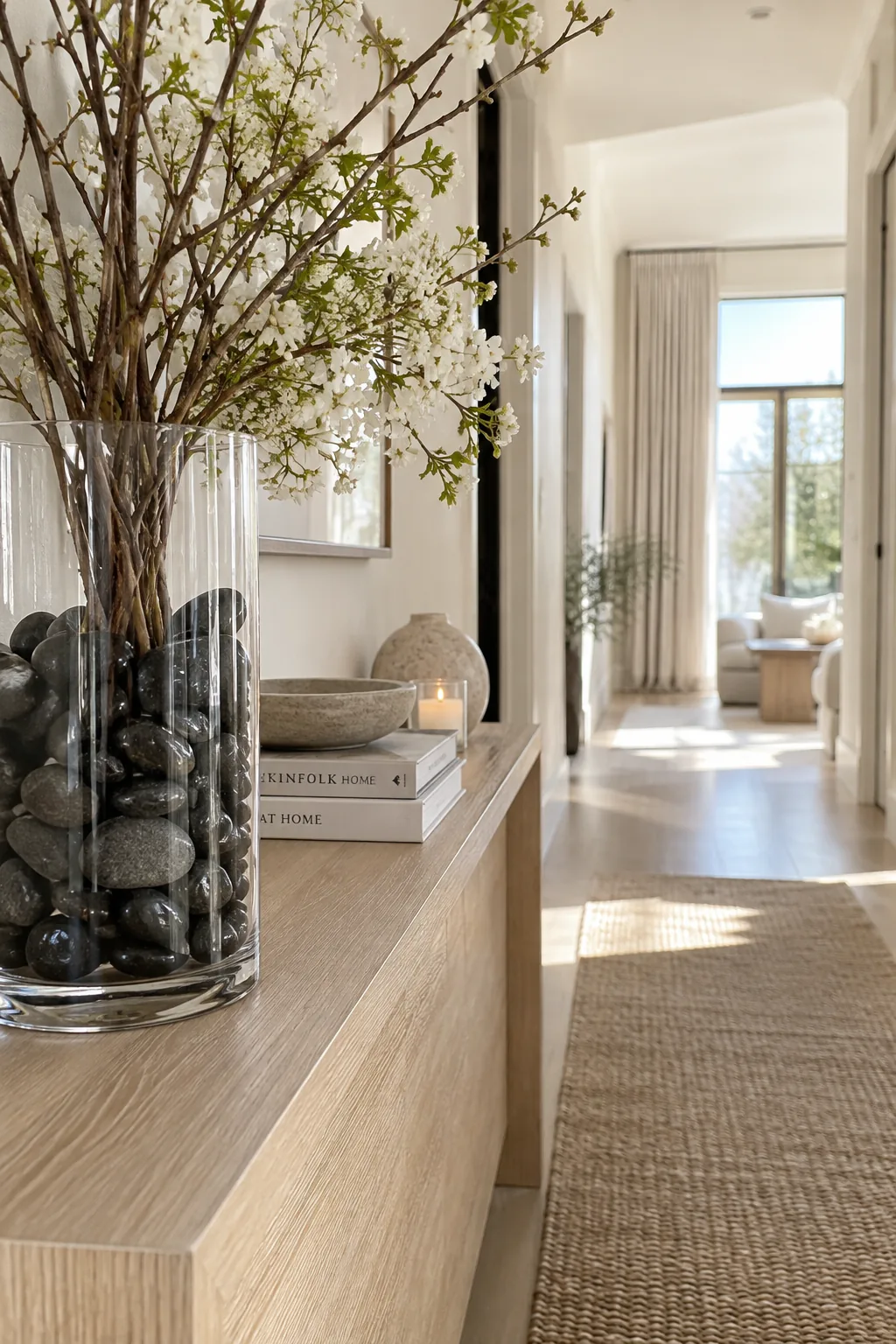 smooth black river rocks anchoring delicate white flowers in a vase