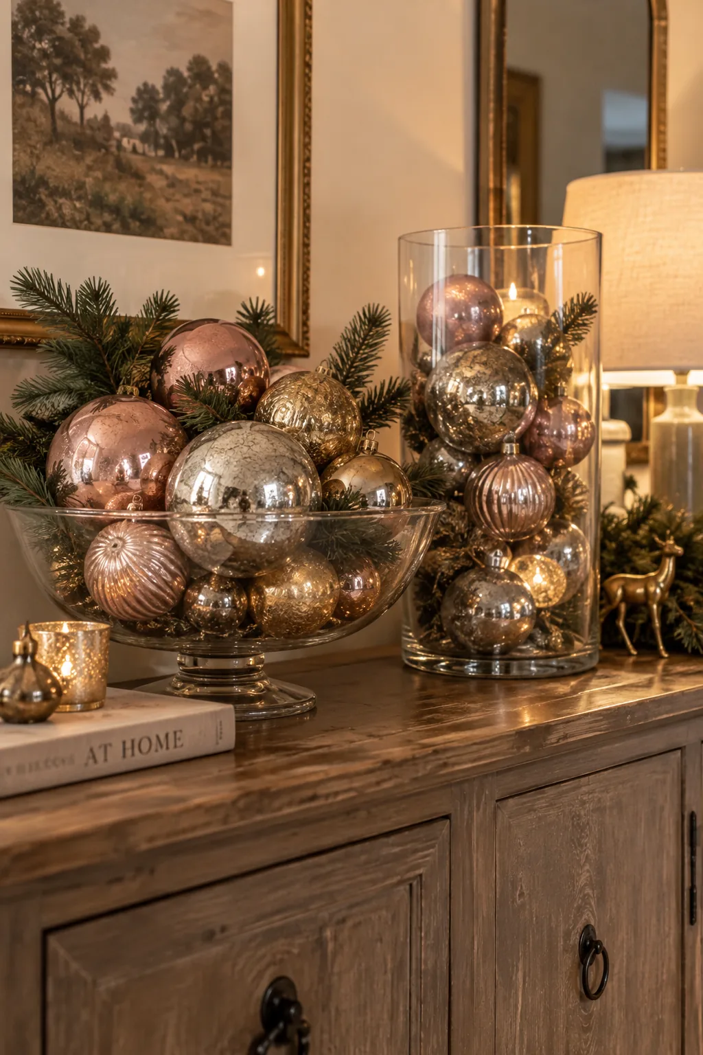 vintage glass ornaments mixed in a wide glass bowl