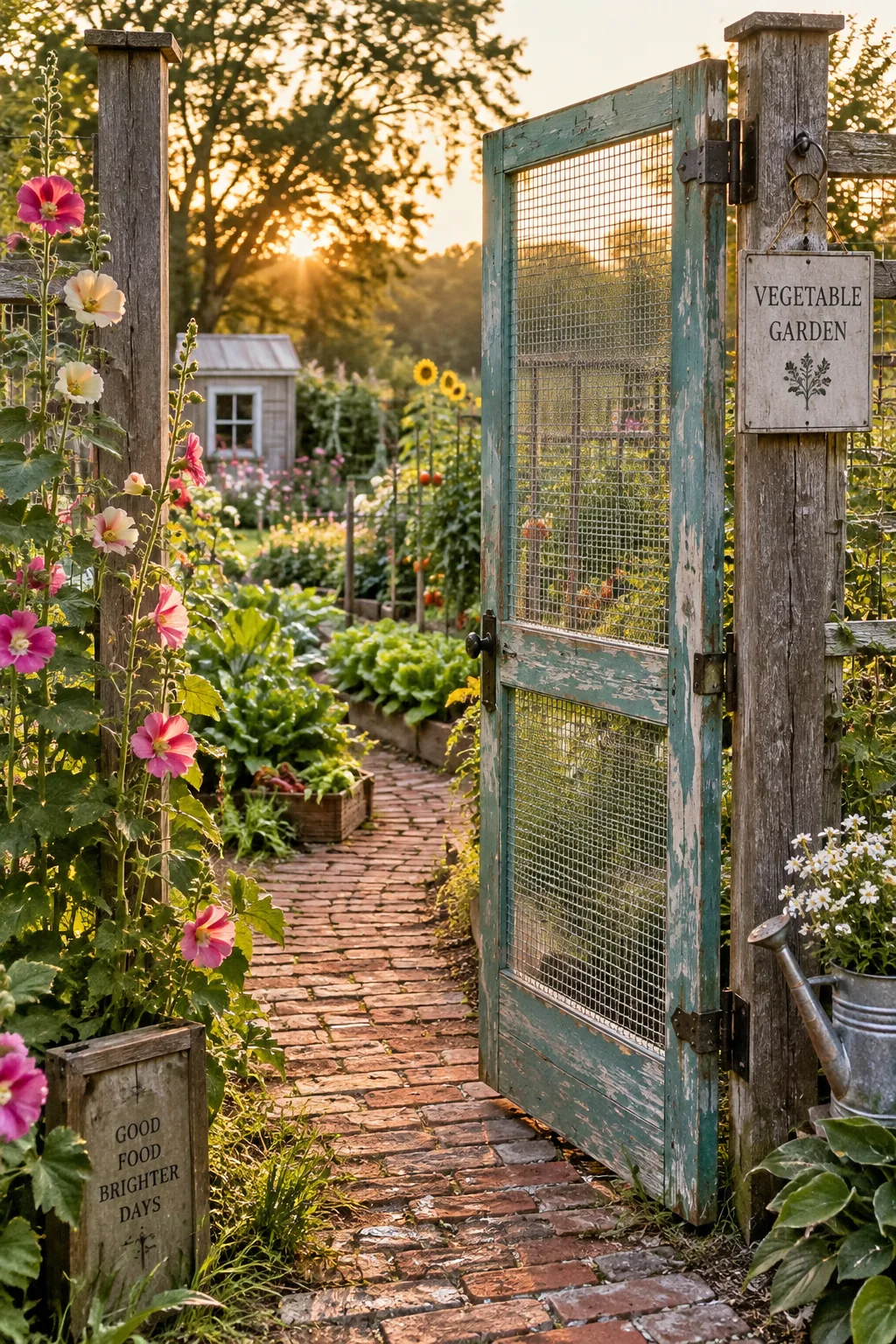 Vintage wooden screen door painted mint green leading into a fenced vegetable garden.