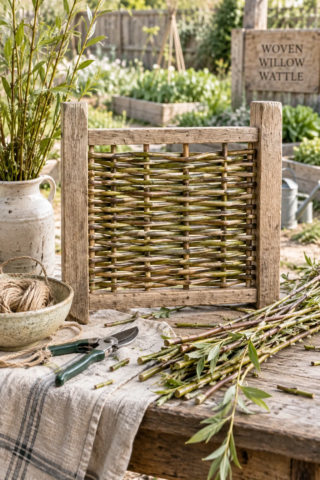 Hand-woven willow branch gate attached to rustic wooden fence posts.