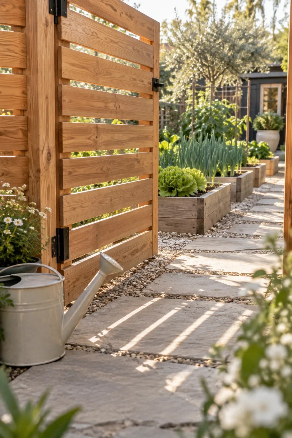 Modern horizontal cedar slat gate on a vegetable garden fence.