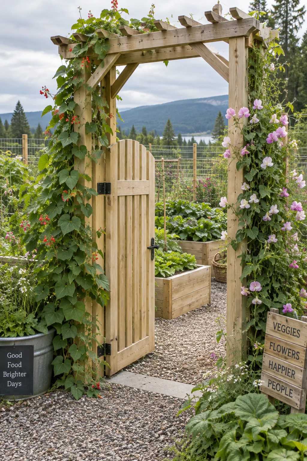 Tall wooden arbor with a deer-proof wire gate covered in climbing vines.