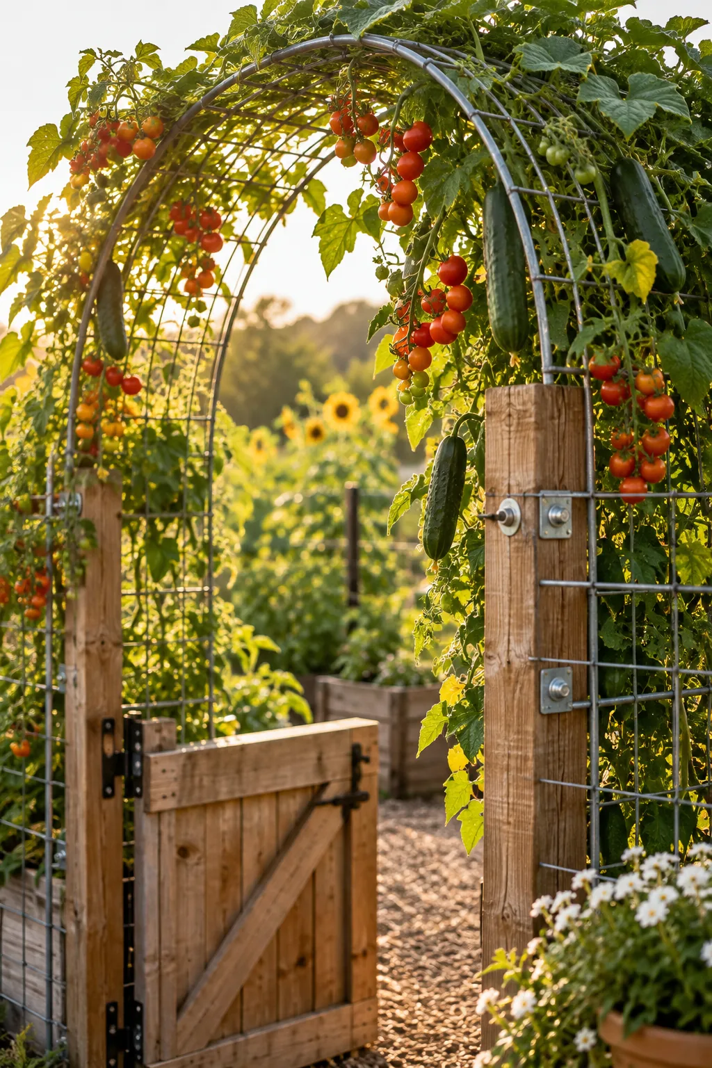 Galvanized cattle panel arched over a wooden vegetable garden gate.