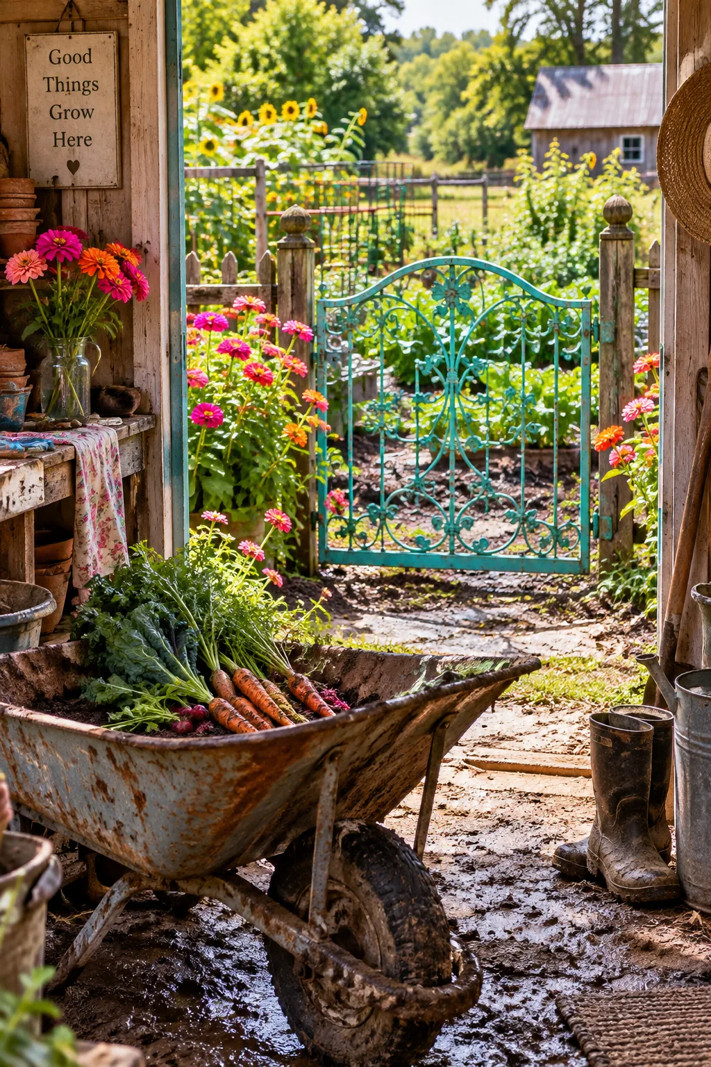 Antique black iron bed headboard repurposed as a garden gate.