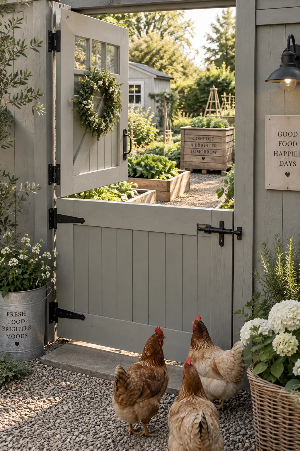 Wooden double Dutch gate painted white opening into a garden.