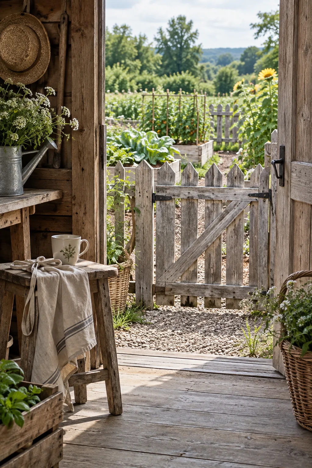 Rustic picket gate made from reclaimed pallet wood on a garden fence.