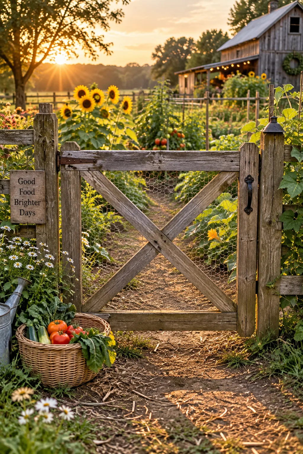 Wooden crossbuck gate backed with chicken wire leading to raised vegetable beds.