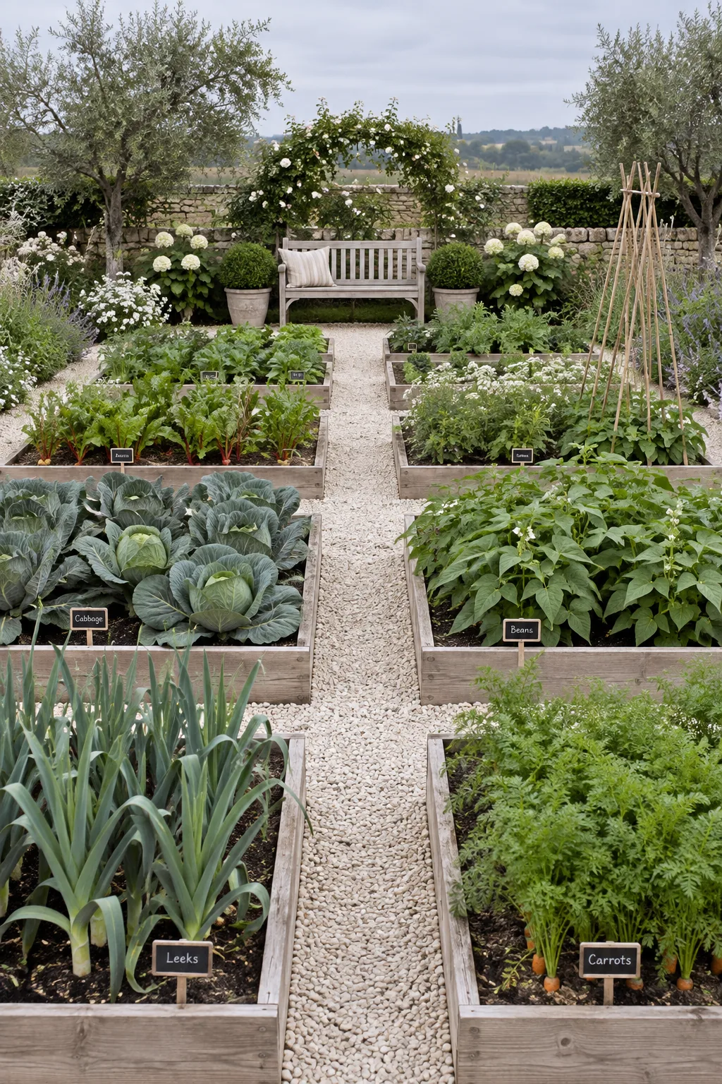 Four square raised garden beds arranged in a grid with gravel pathways in between