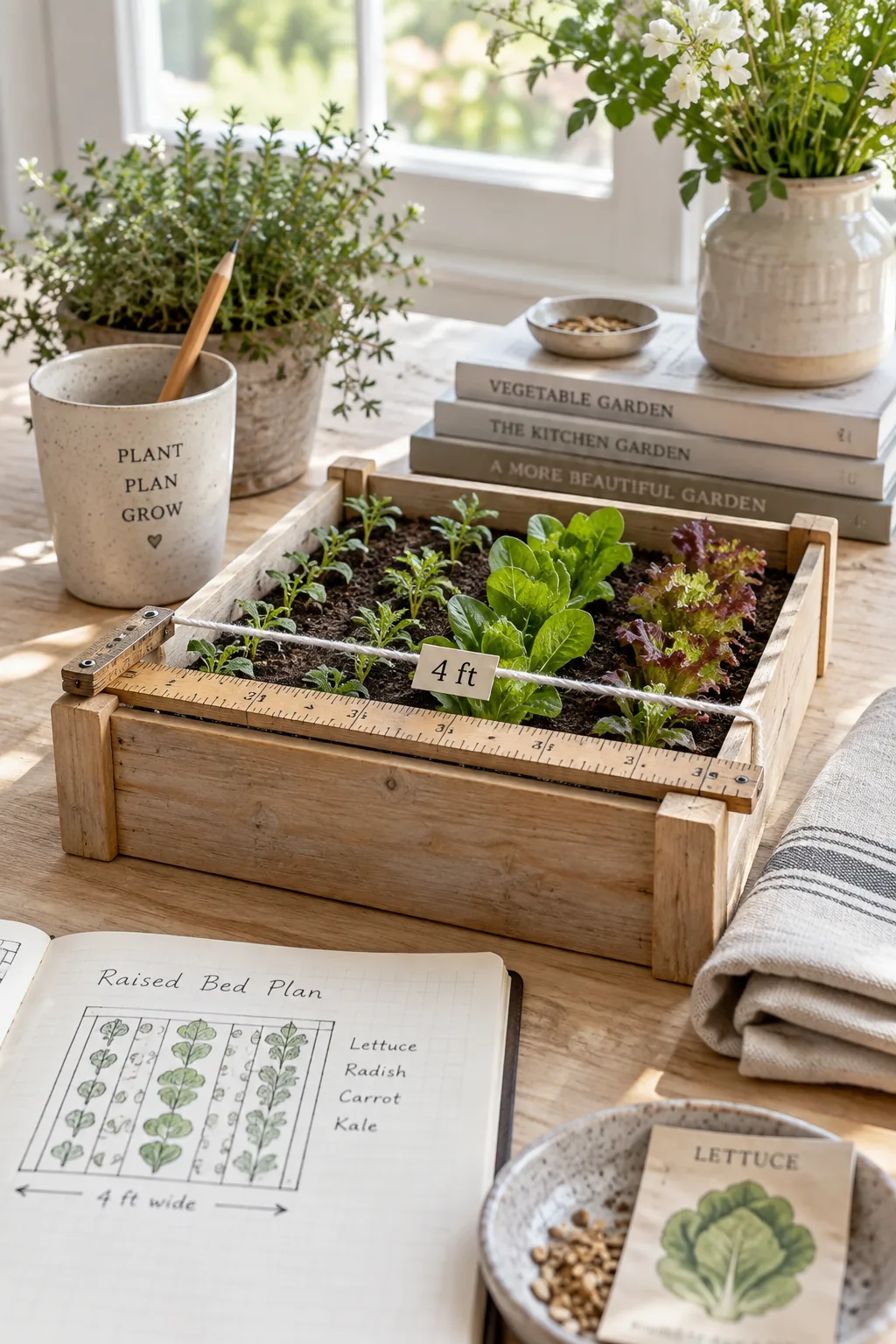 Woman reaching into the center of a four-foot wide wooden raised garden bed