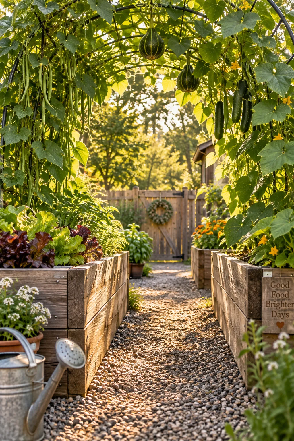Metal cattle panel arch connecting two raised wooden beds with climbing green vines