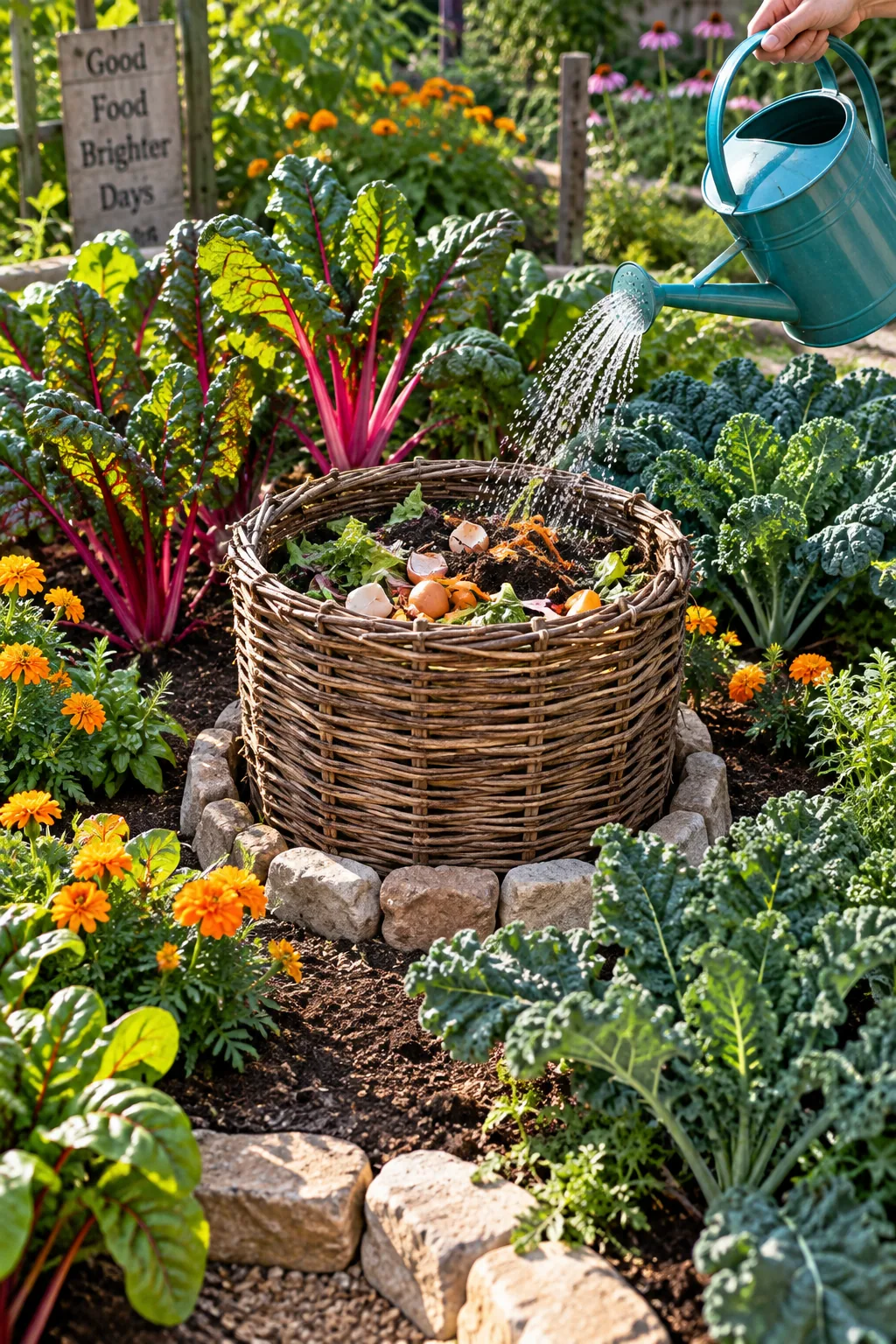 Circular stone keyhole garden bed with a central compost basket and a walking notch
