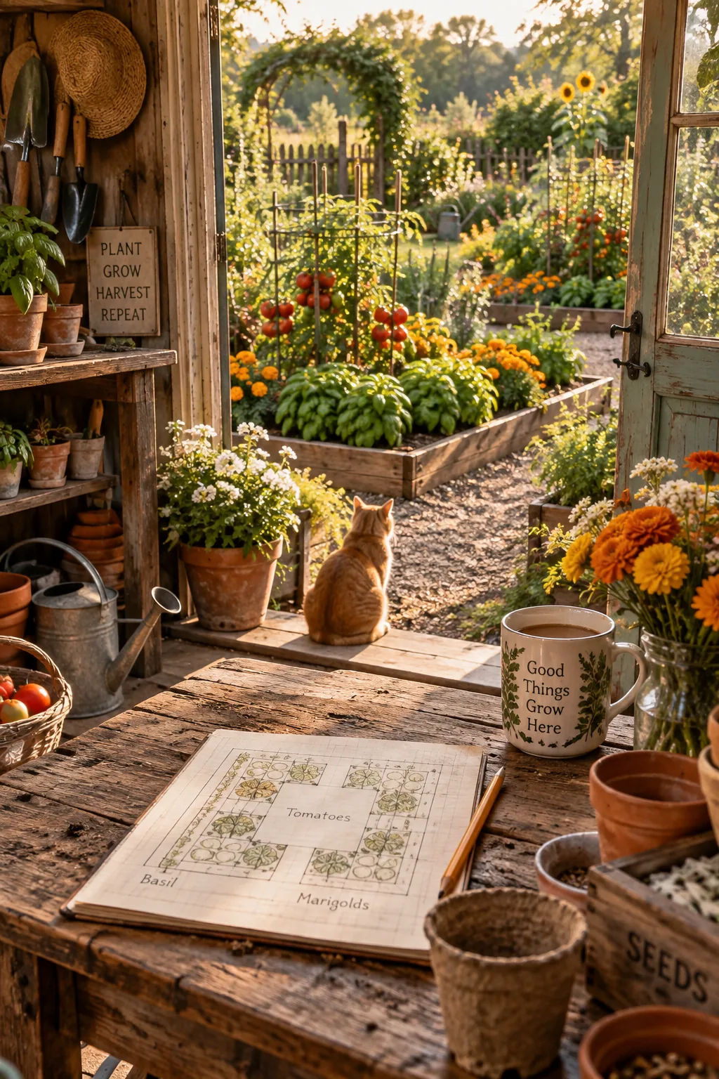 Garden bed showing tomatoes planted closely with blooming marigolds and green basil