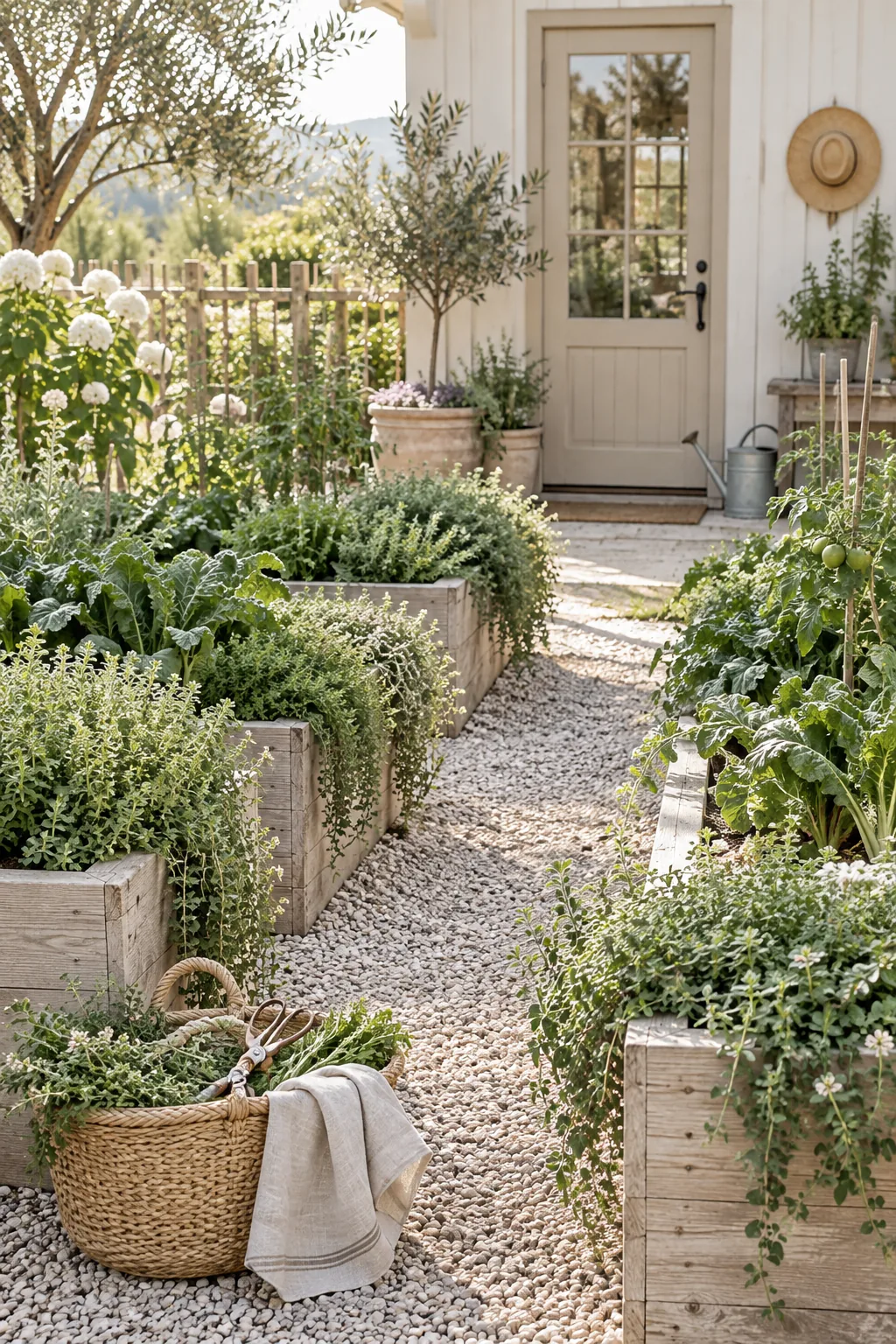 Thyme and oregano plants spilling over the wooden edge of a raised vegetable bed