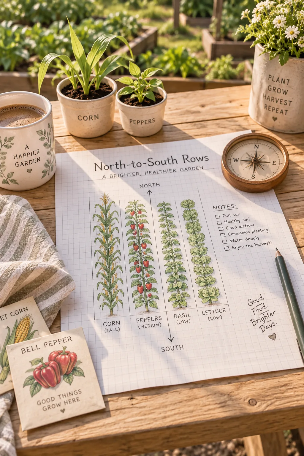 Straight rows of vegetable plants running vertically with sunlight hitting them evenly