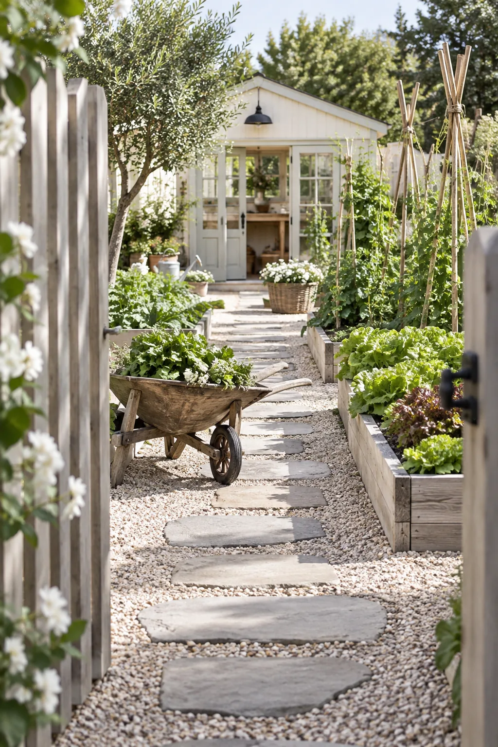 Vegetable garden pathway made of pea gravel with large square stepping stones down the middle