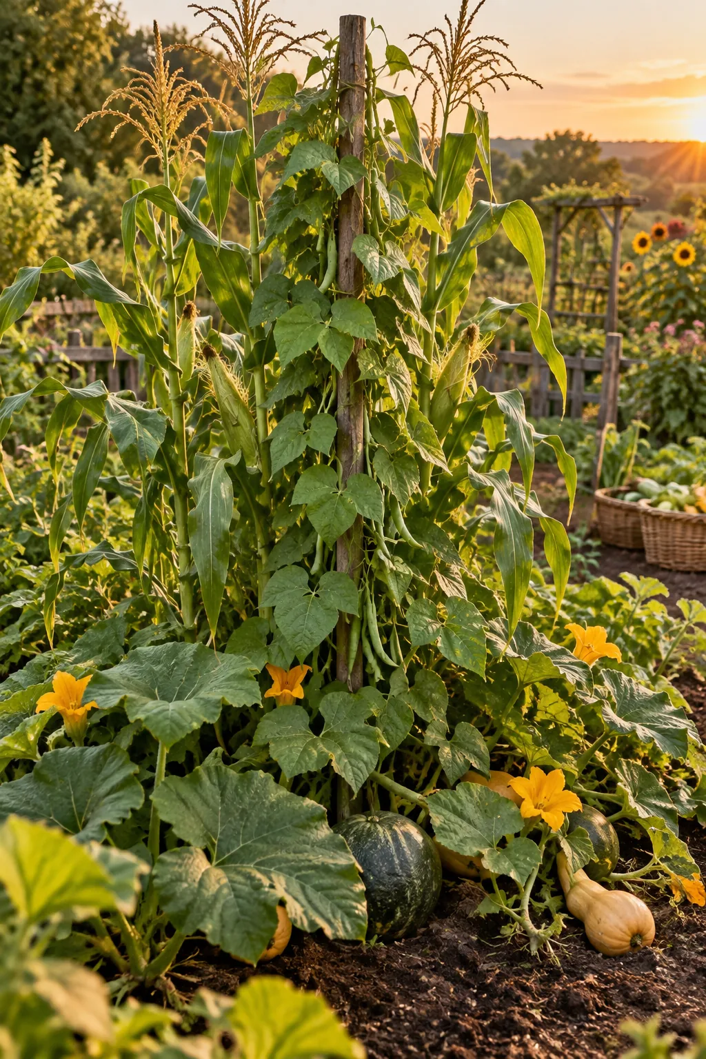 Garden bed with tall corn stalks, climbing green beans, and large squash leaves covering the soil