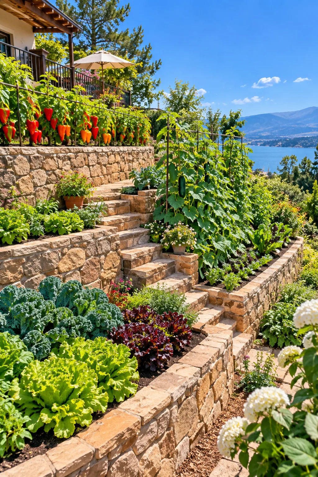 Wooden tiered retaining walls built into a grassy hill, filled with growing vegetables