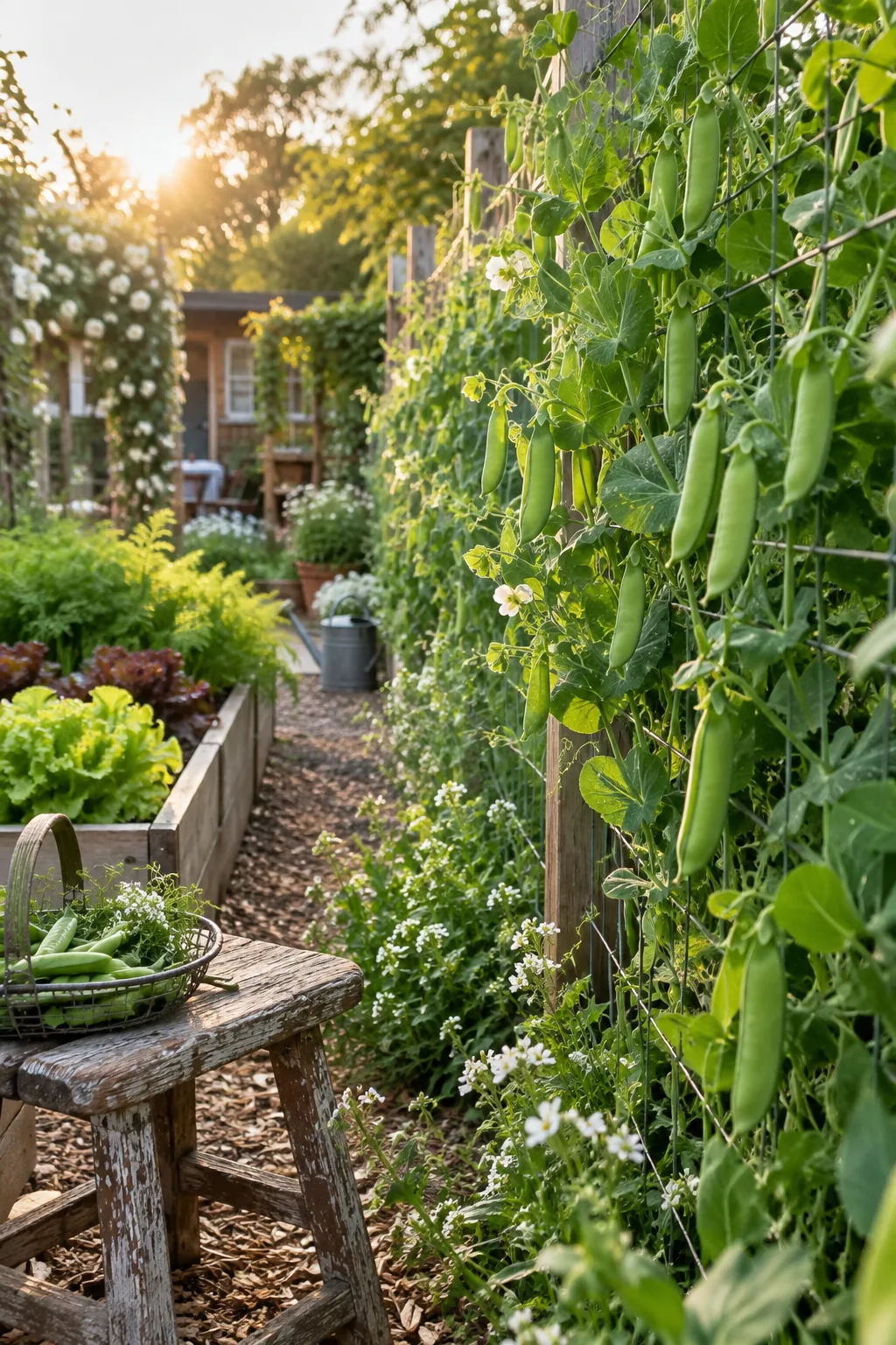 Sugar snap pea vines growing up and covering a wire perimeter garden fence