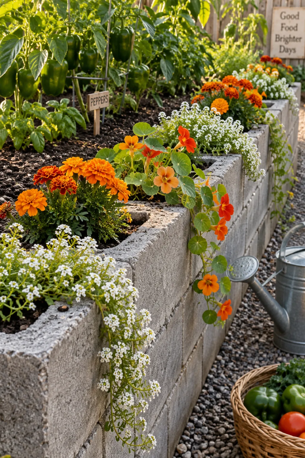 Raised garden bed border made of cinder blocks with marigolds planted inside the block holes