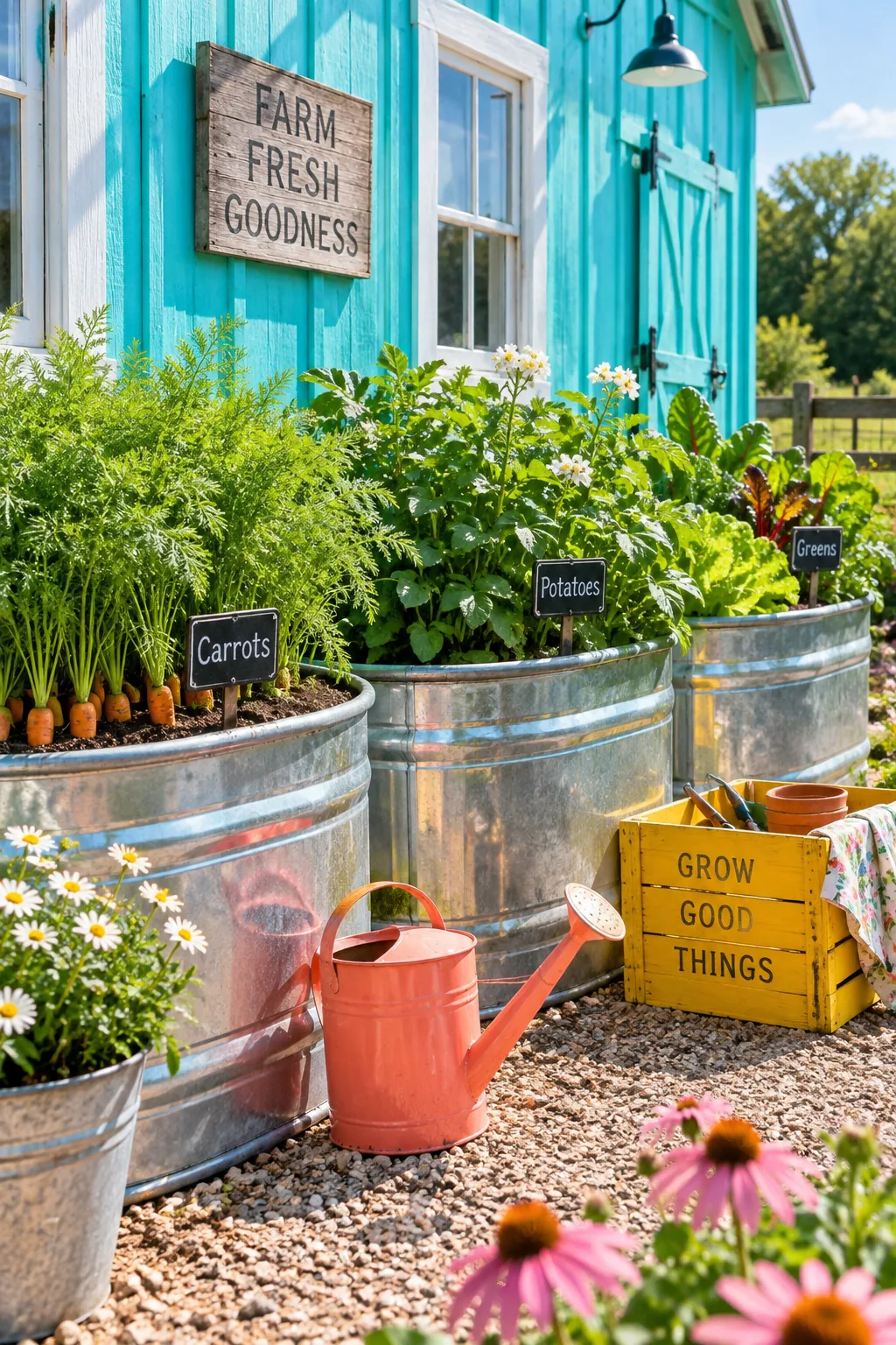 Large galvanized metal livestock trough filled with soil and leafy green vegetable plants