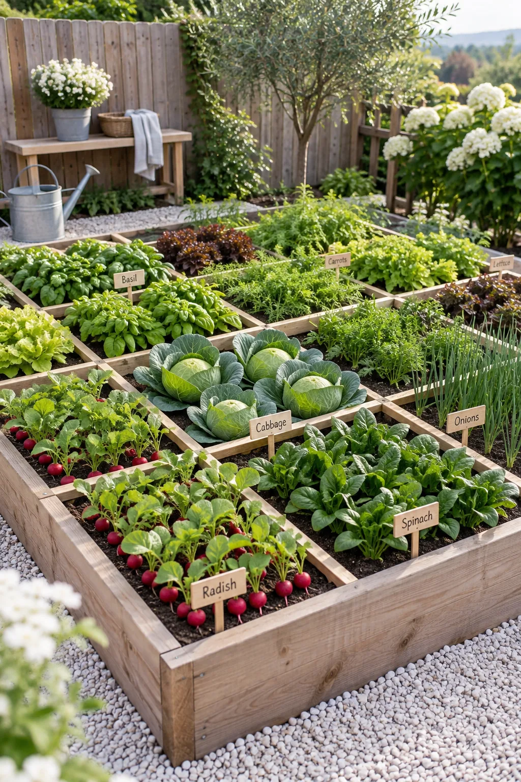 Raised garden bed divided into perfect one-foot squares with wooden strips, each containing different plants