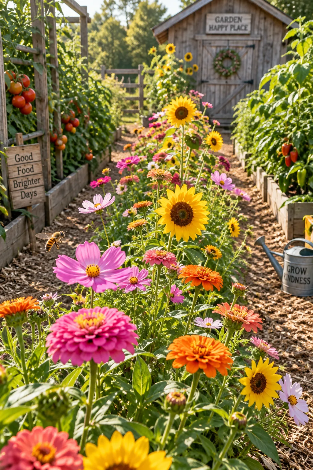 A vibrant strip of zinnias and sunflowers growing down the center of a vegetable garden