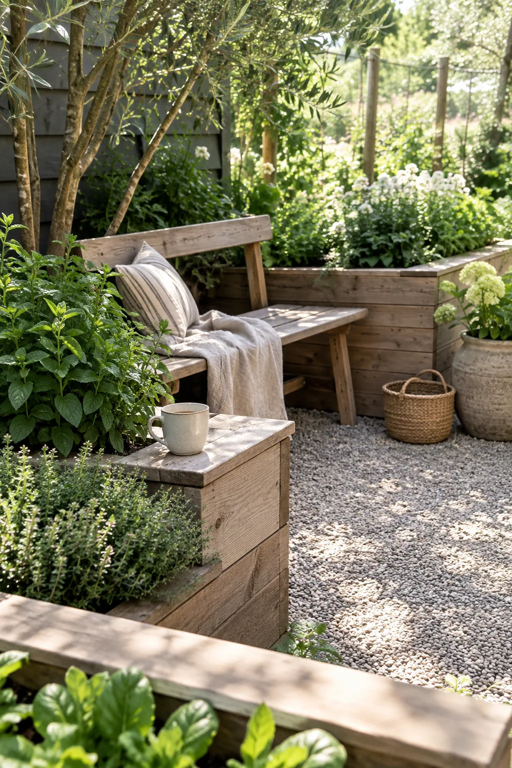 A simple wooden bench set in a gravel cutout between two raised vegetable beds