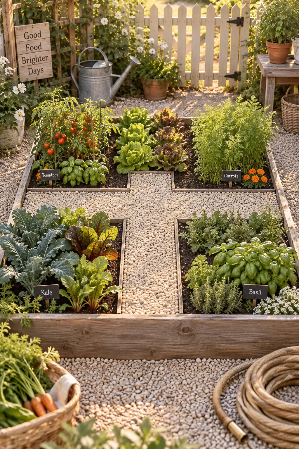 Vegetable garden with a wide central gravel path and a perpendicular crossing path