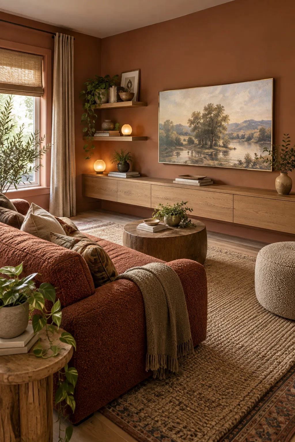 A small TV room with terracotta walls, a rust boucle sofa, and a frame TV displaying art.