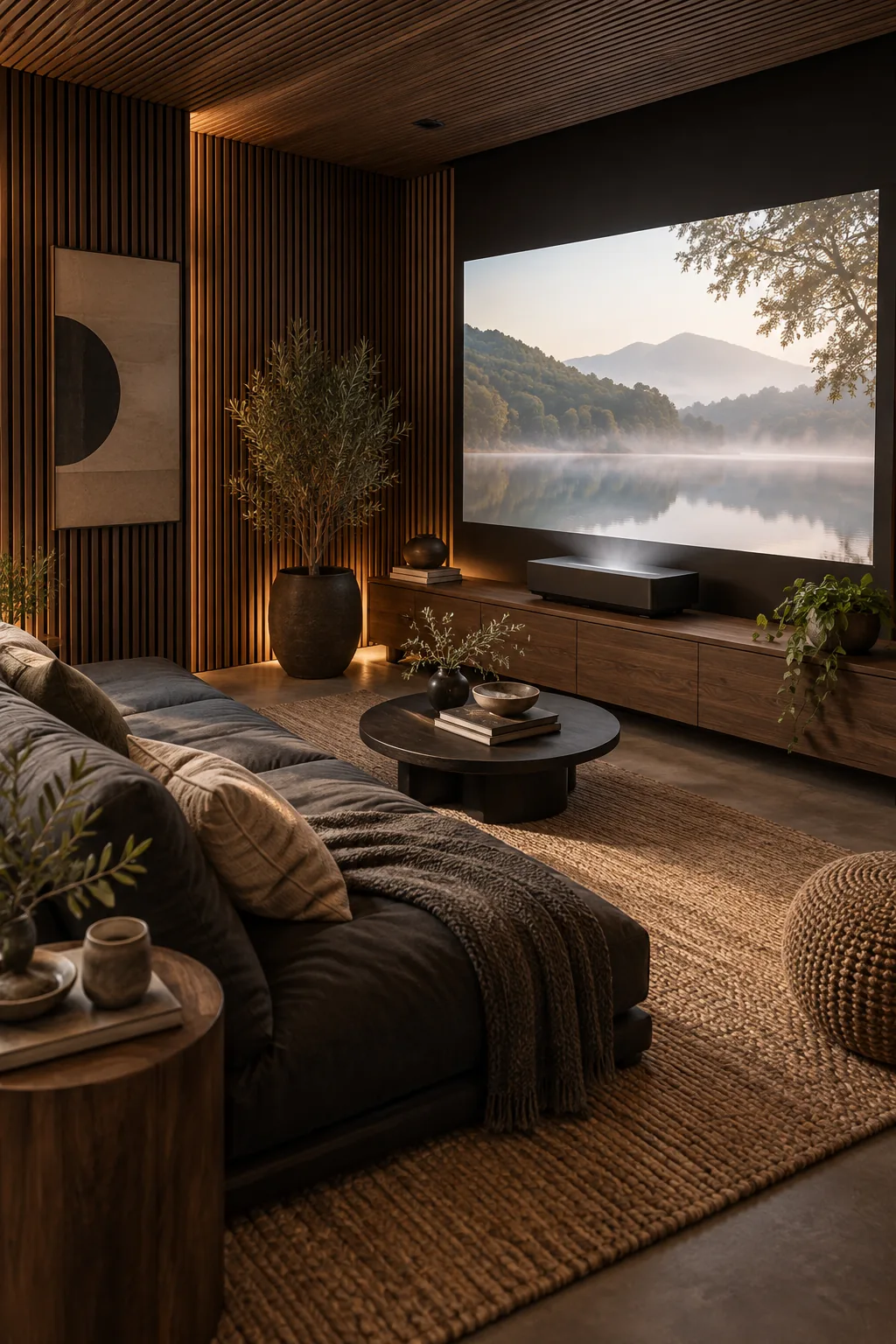 A dark Japandi style media room with slatted wood walls and a low charcoal futon.
