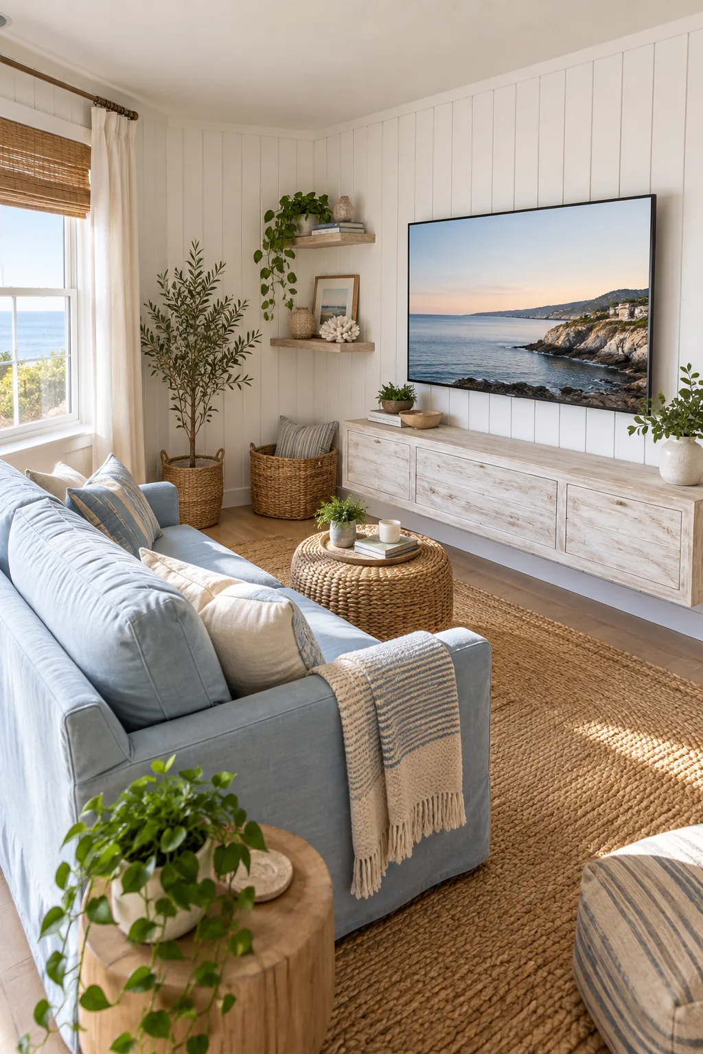 A bright coastal TV room with white shiplap walls and a pale blue slipcovered loveseat.