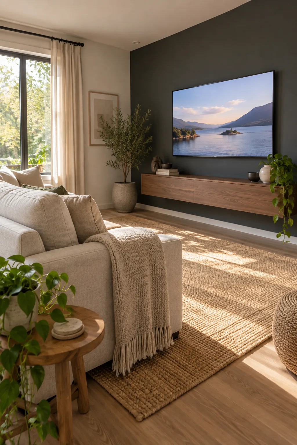 A view from behind a linen sofa looking across a jute rug toward a large TV mounted on a dark wall.