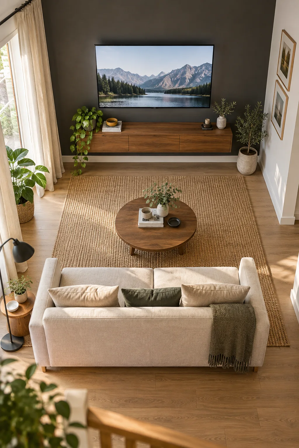 An overhead view of a compact 3x3 meter living room showing the layout of a sofa, rug, and TV console.