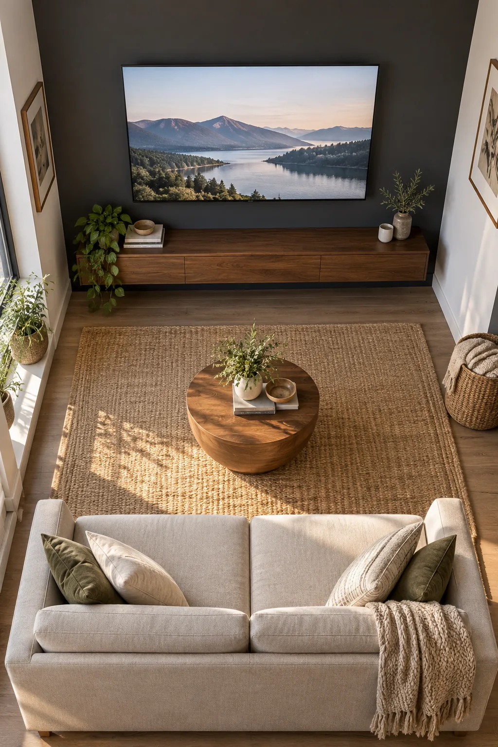 A straight-on view from a seated position looking at the center of a large TV displaying a landscape.
