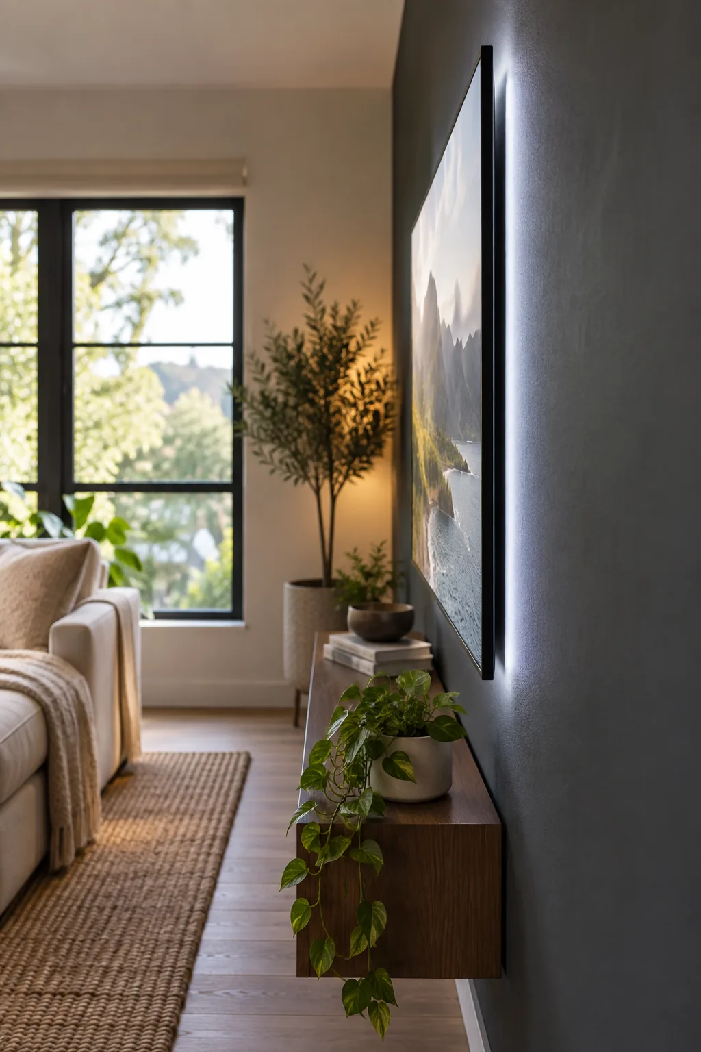 A close-up side profile of an ultra-thin TV mounted flush against a dark charcoal wall with no visible wires.