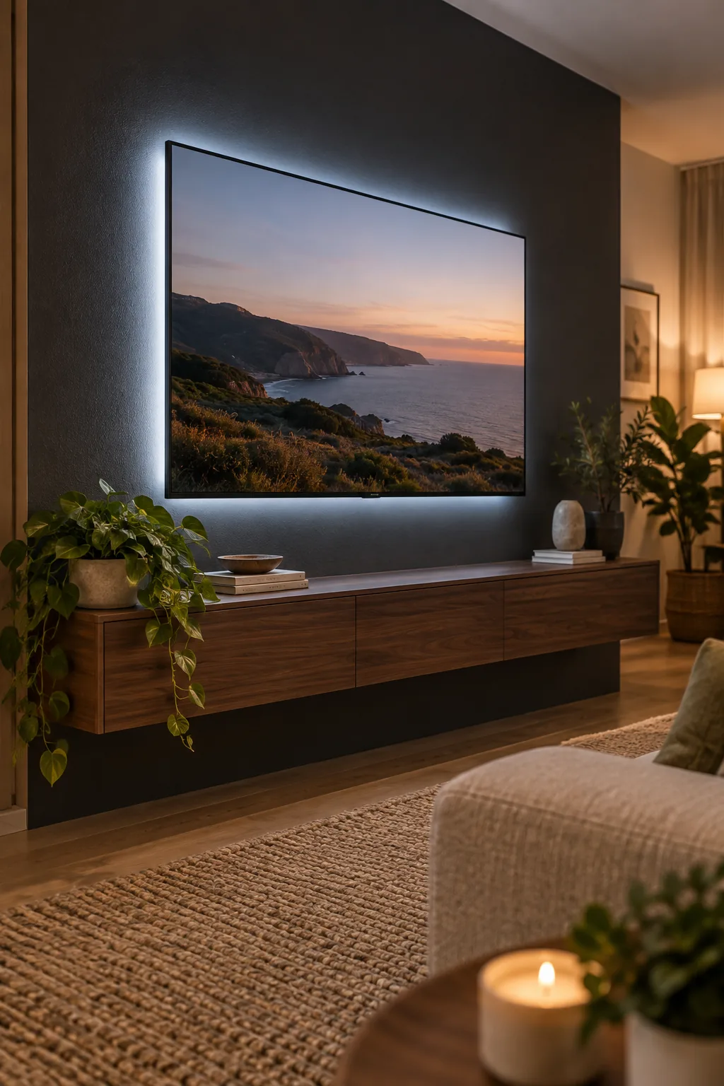 A large TV mounted on a dark wall, illuminated from behind by a crisp white LED glow.