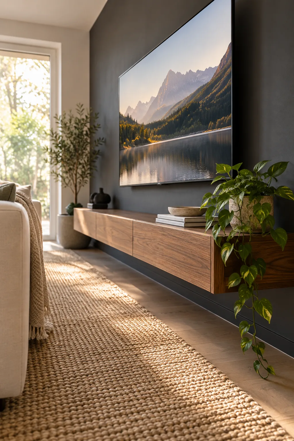 A sleek floating walnut console mounted below a large TV on a charcoal wall, styled with a trailing plant.