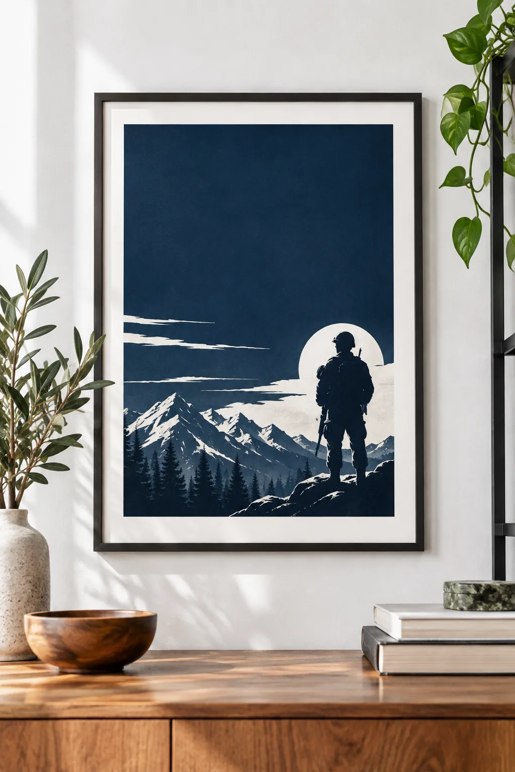 A Veterans Day poster in a thin charcoal frame on a white wall.