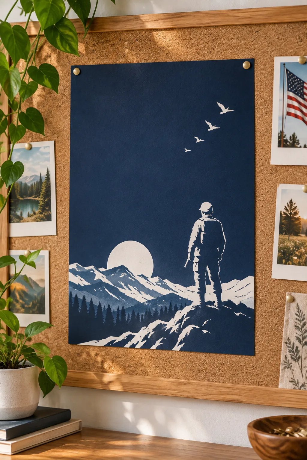 An unframed Veterans Day poster pinned to a wooden bulletin board.