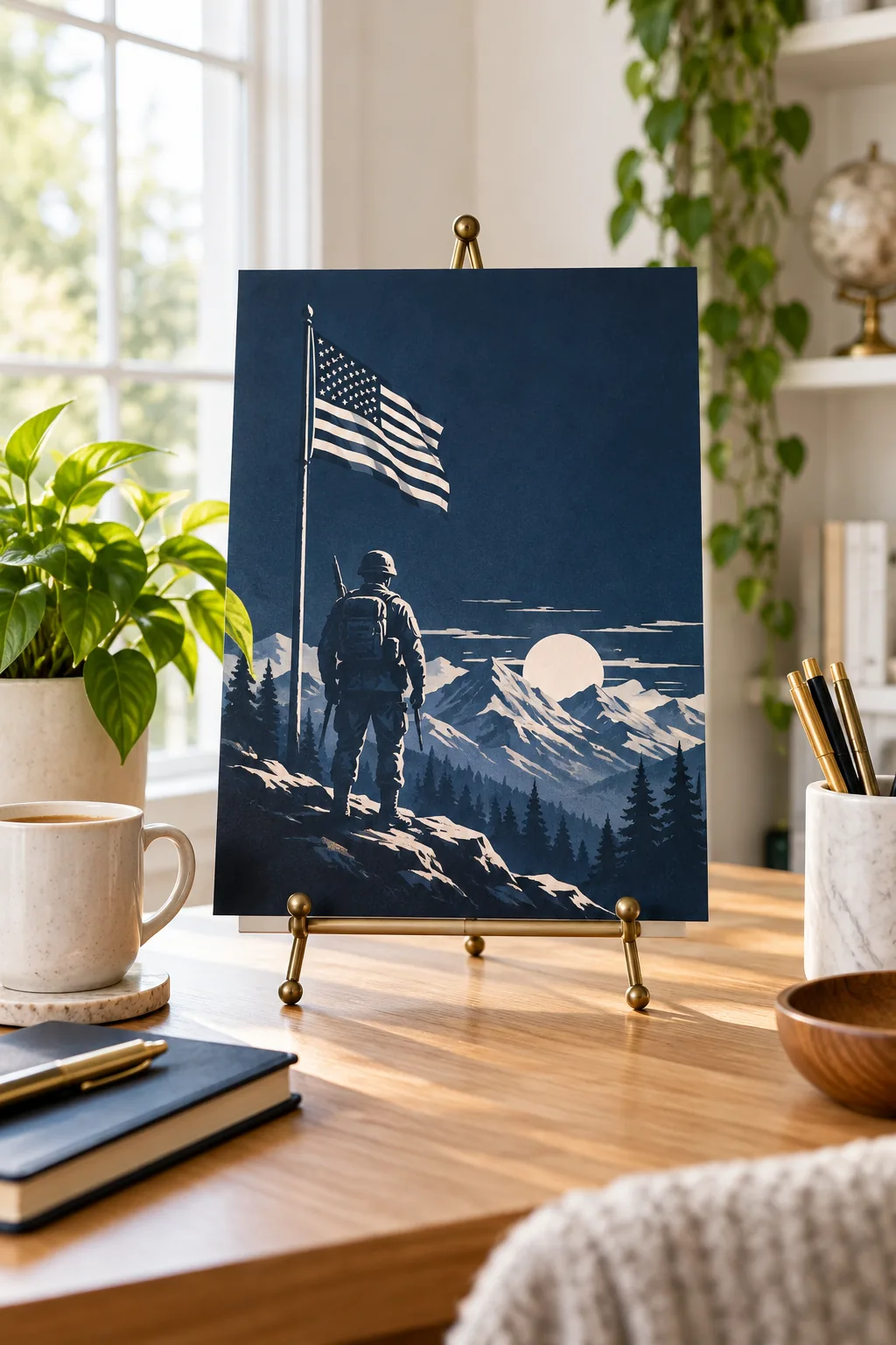A Veterans Day poster resting on a brass tabletop easel on a modern desk.